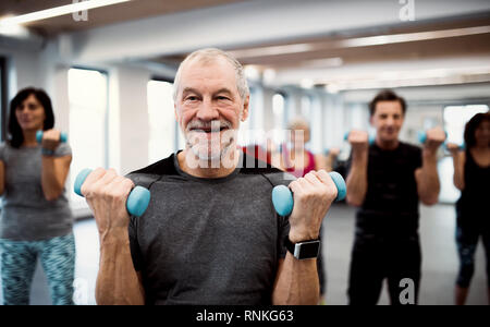 Group of cheerful seniors in gym doing exercise with dumbbells. Stock Photo