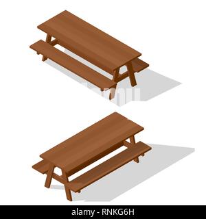 Isometric street wooden table with benches. 3d vector outdoor furniture icon. Realistic long shadow. Stock Vector