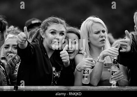 Monochrome image of young people in the crowd enjoying the music at the 2018 Liverpool International Music Festival in Sefton Park Liverpool UK. Stock Photo