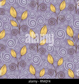 Abstract flowers seamless pattern, outline drawing, minimalistic illustration, vector background. Yellow closed buds, brown stalks and white spiral cu Stock Vector
