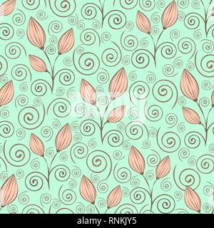Abstract flowers seamless pattern, outline drawing, minimalistic illustration, vector background. Pink closed flower buds, stalks and spiral curls lac Stock Vector