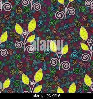 Abstract flowers seamless pattern, outline drawing, minimalistic illustration, vector background. Lime closed bud, brown white stalks and bright multi Stock Vector