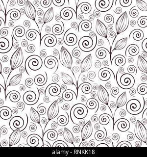 Abstract flowers seamless pattern, black and white outline hand drawing, linear illustration, vector monochrome background. Flower closed buds, stalks Stock Vector