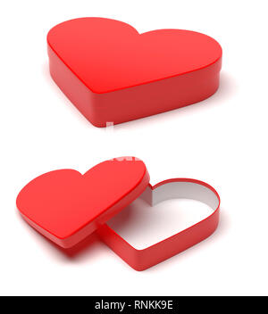 Red gift box in heart shape. Closed and open 3d rendering illustration. Stock Photo