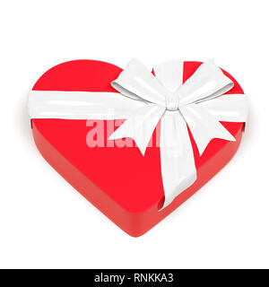 Red gift box in heart shape. Closed container decorated with white ribbon bow. 3d rendering Stock Photo