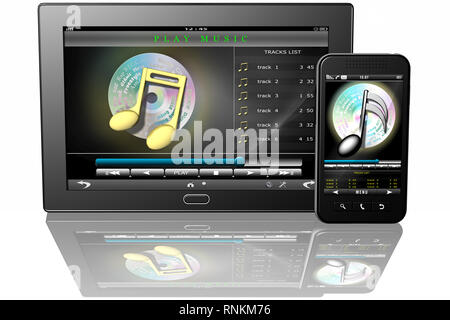 3D illustration.Tablet smartphone with application to listen to music Stock Photo