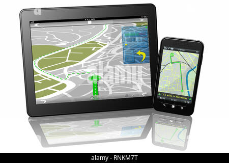 3D illustration. Tablet Smartphone navigator map for journey itineraries. Stock Photo