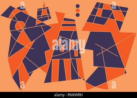 Modern abstraction. The portrait of an abstract man and the portrait of a woman against the background of the road that prevents them from meeting Stock Vector