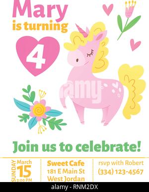 Cute vector birthday invitaition with cartoon unicorn Stock Vector