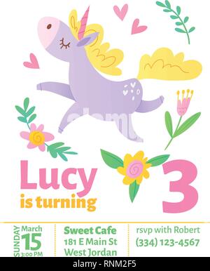 Cute vector birthday invitaition with dreaming unicorn Stock Vector