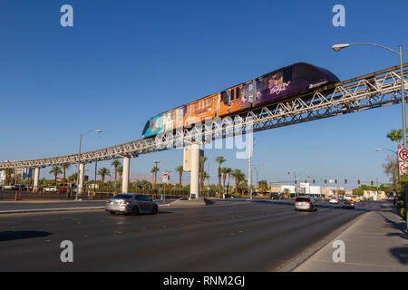 The Mandalay Bay Tram arriving at the Mandalay Bay Resort, Las Vegas (City of Las Vegas), Nevada, United States. Stock Photo