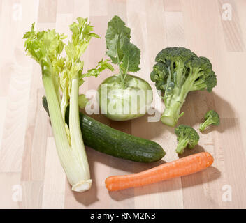 Vegetables: Greenspouting Broccoli, Cucumber, Carrot , Kohlrabi, German Turnip, Stalk Celery. Stock Photo