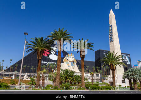 The Sphinx and obelisk outside the Luxor Hotel, Las Vegas (City of Las Vegas), Nevada, United States. Stock Photo