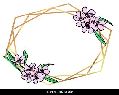 Gold polygonal modern card with flowers. Floral frame design. Triangles and geometric shapes. Vector illustration. Isolated on white background Stock Vector