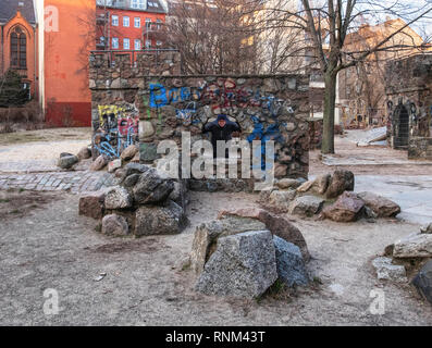 Berlin Mitte, Heinrich-Zille-Park,Stone play-castle in Children’s adventure playground in Bergstraße, Stock Photo