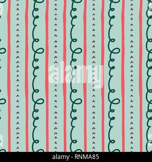 Vector Hand drawn doodle line repeat seamless pattern. Pencil scribble, stripe sketch pattern . Green and red lines on blue background. Stock Vector