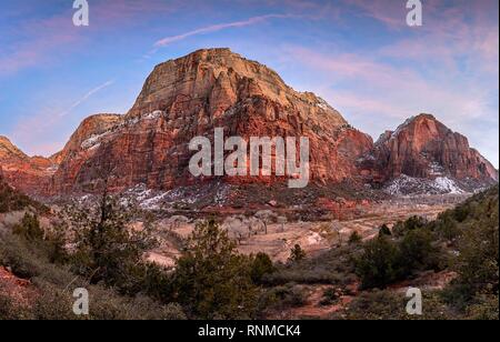 View from West Rim Trail to The Great White Throne and Deer Trap, Zion Canyon at sunset, in winter, mountain landscape Stock Photo