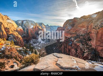 View from Angels Landing into Zion Canyon with Virgin River, Angels Landing Trail, in Winter, Mountain Landscape Stock Photo