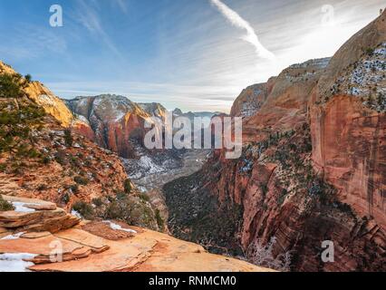 View from Angels Landing into Zion Canyon with Virgin River, Angels Landing Trail, in Winter, Mountain Landscape Stock Photo