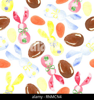 seamless easter pattern with chocolate eggs, bunnies and jelly beans Stock Photo