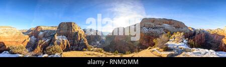 360-degree panorama, view from Angels Landing to Big Bend, Virgin River and Zion Canyon, Angels Landing Trail, in winter Stock Photo