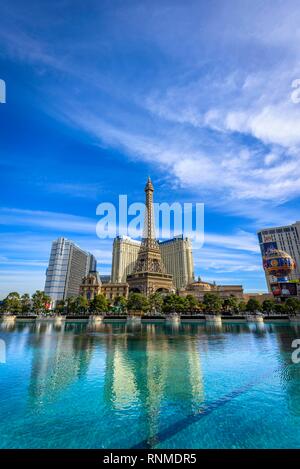 Reconstructed Eiffel Tower, Hotel Paris and the lake in front of Hotel Bellagio, Las Vegas Strip, Las Vegas, Nevada, USA Stock Photo