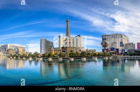 Reconstructed Eiffel Tower, Hotel Paris and the lake in front of Hotel Bellagio, Las Vegas Strip, Las Vegas, Nevada, USA Stock Photo