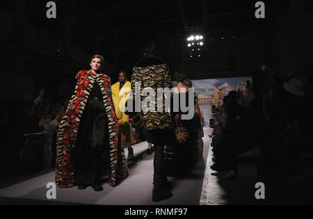 Models on the catwalk during the Shrimps Autumn/Winter 2019 London Fashion Week show at the Ambika P3, London. Stock Photo