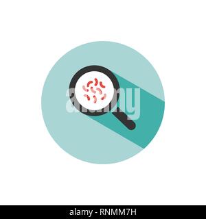 Magnifying glass with germs. Color bacterial microorganism icon with shadow on a green circle. Vector illustration Stock Vector
