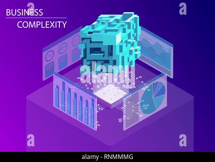 Digital business complexity concept. 3d isometric vector illustration with floating complex multi-faceted cube Stock Vector