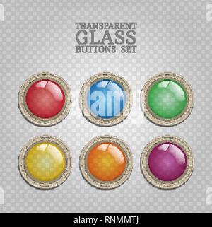 Set of vector glass transparent button in metal frame, round color icon element for web, game interface, steampunk scrapbooking decoration with realis Stock Vector