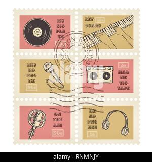 Vector postage stamps retro music equipment theme, canceled, decorative set for scrapbooking Stock Vector