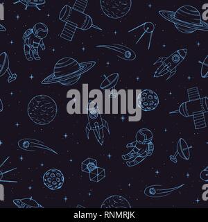 Hand drawn vector seamless pattern with cosmonauts, satelites, rockets, planets, moon, falling  stars and UFO. Cosmic ornament on the dark background. Stock Vector