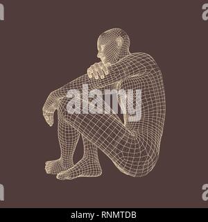 Man in a Thinker Pose. 3D Model of Man. Geometric Design. Human Body Wire Model. Business, Science, Psychology or Philosophy Vector Illustration. Stock Vector