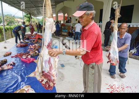 Kiulu Sabah Malaysia - Sep 24, 2015 : Muslim man butchers trimming a buffalo cow to be distributed to muslims in needs during Eid Al-Adha Al Mubarak o Stock Photo