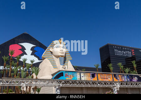 The Mandalay Bay Tram stopping under the Sphinx outside the Luxor Hotel, Las Vegas (City of Las Vegas), Nevada, United States. Stock Photo