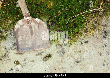 Old and dirty shovel on asphalt, scene from a village life. Stock Photo