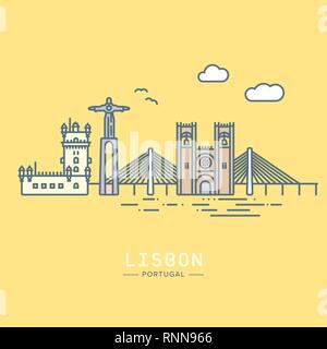 Pstel colored Line Icon style Lisbon cityscape and landmarks flat vector illustration Stock Vector