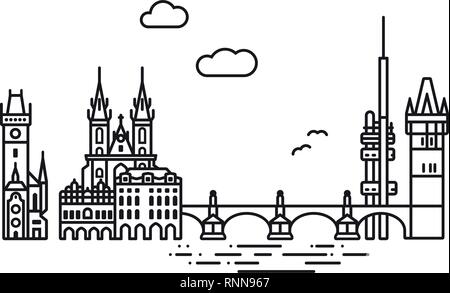 Line Icon style Prague cityscape and landmarks flat vector illustration Stock Vector