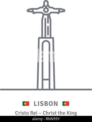 Portugal landmark line icon. Cristo Rei statue and portuguese flag vector illustration. Stock Vector
