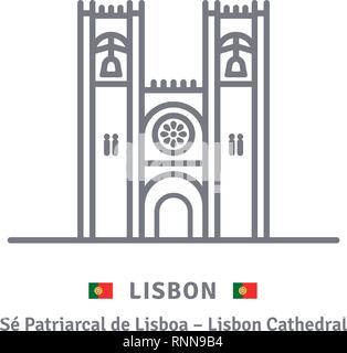 Portugal landmark line icon. Lisbon Cathedral and Portuguese flag vector illustration. Stock Vector