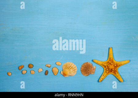 Border of seashells, starfish and sea pebbles on a blue wooden background. Stock Photo