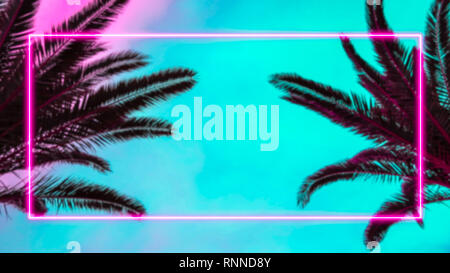 Palm trees and pink neon light frame. Colorful holiday and 80s concept background with copy space for text or product display. Stock Photo