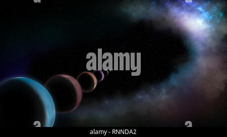 Planets in line. Outer space background with colorful galaxies and stars. Stock Photo