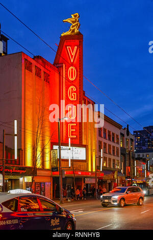 Vogue Theatre neon sign at night, , Granville Street, downtown, Vancouver, British Columbia, Canada. Stock Photo