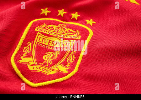 Bangkok, Thailand - January 17 2019: Close-up of Liverpool FC football home jersey used for UEFA champions league competition circa 2001-2003 with the Stock Photo