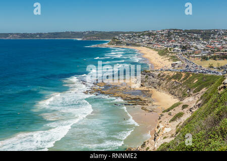 Aerial view of Bar Beach, Newcastle, NSW, Australia, showing the sandy beach, and surf. Stock Photo