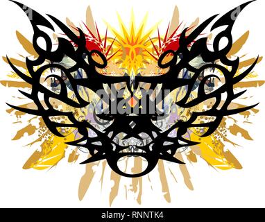 Colorful butterfly splashes in the cat head form. Fantastic butterfly with elements of gold eagle wings and color floral splashes on a white backdrop Stock Vector