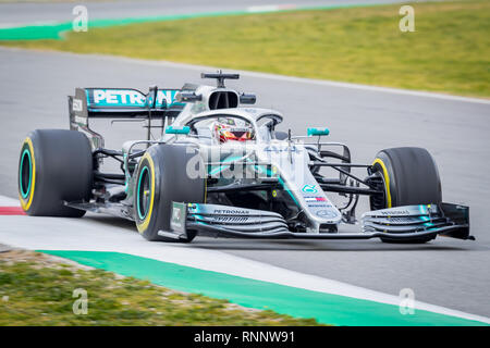 Barcelona, Spain. 19th Feb, 2019. Lewis Hamilton of Mercedes AMG Petronas Formula One Team with new W10 car during second journey of F1 Test Days in Montmelo circuit. Credit: SOPA Images Limited/Alamy Live News Stock Photo