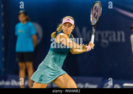 Dubai, UAE. 19th Feb, 2019. Angelique Kerber of Germany in action  in the second round match against Dalila Jakupovic of Slovenia during the Dubai Duty Free Tennis Championship at the Dubai International Tennis Stadium, Dubai, UAE on 19 February 2019. Photo by Grant Winter. Credit: UK Sports Pics Ltd/Alamy Live News Stock Photo